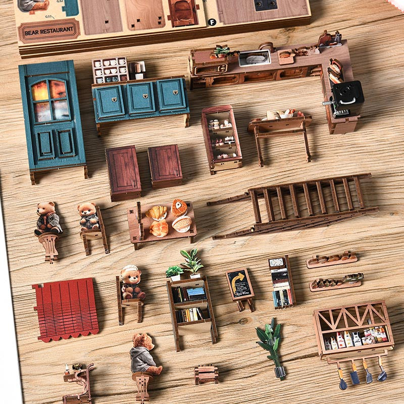 Bear Bakery Cafe Restaurant | DIY Miniature House Kit 3D Wooden Model DIY Gift Puzzle