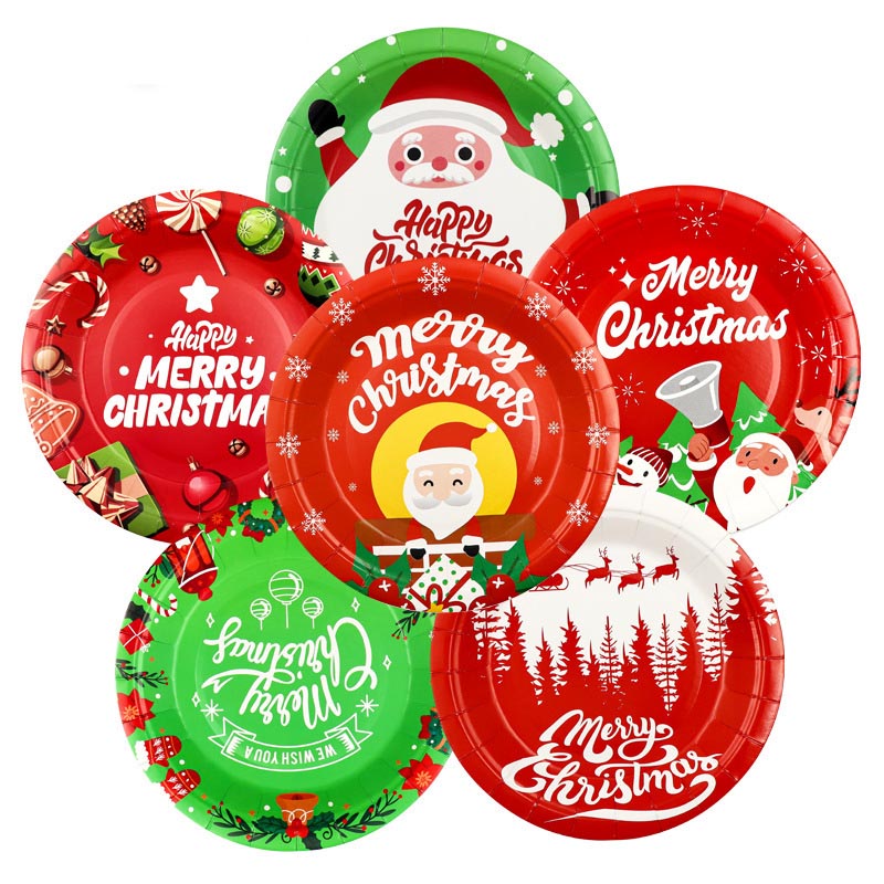 7 inch and 9 inch red and green Christmas party disposable paper plate and dessert plate with Merry Christmas, Santa Claus, Christmas tree patterns