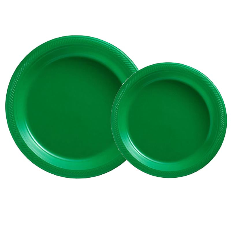 7 inch and 9 inch green colored party plastic plate and dessert plate for parties, colour theme parties.