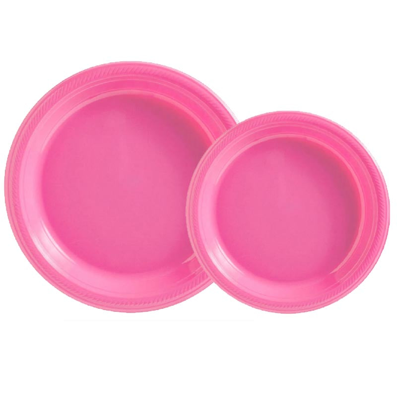 7 inch and 9 inch hot pink colored party plastic plate and dessert plate for parties, colour theme parties.