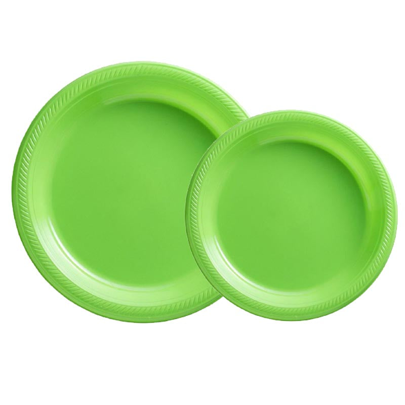 7 inch and 9 inch lime green colored party plastic plate and dessert plate for parties, colour theme parties.