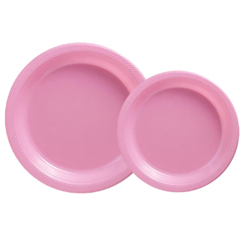 7 inch and 9 inch pink colored party plastic plate and dessert plate for parties, colour theme parties.