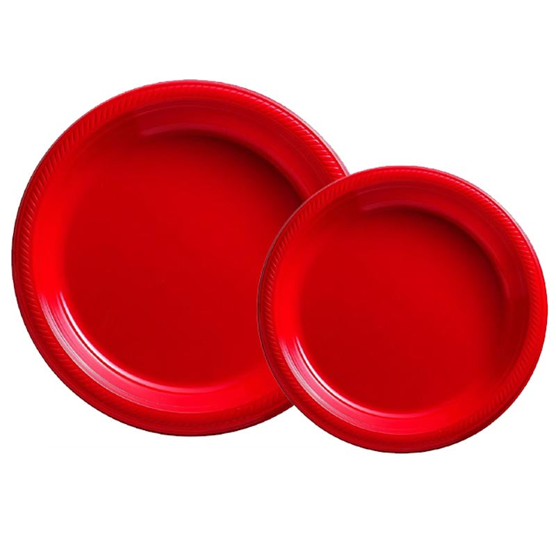 7 inch and 9 inch red colored party plastic plate and dessert plate for parties, colour theme parties.