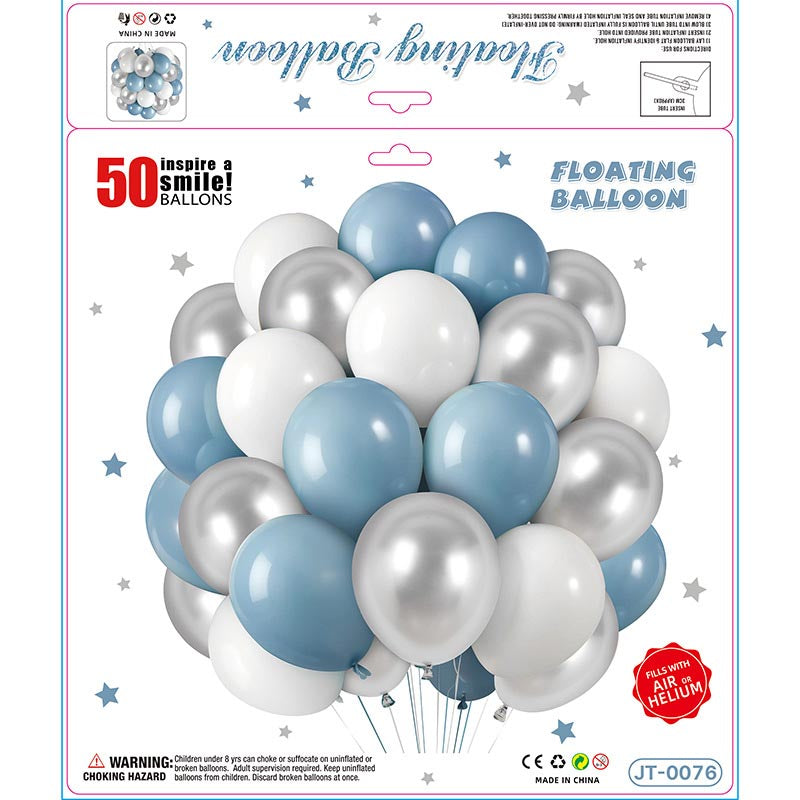 10 Inch Colorful Matte Floating Thickened Latex Balloon 50Pcs #76 LIGHT BLUE-WHITE-SILVER Color︱Air or Helium︱Birthday Essentials, Wedding, Anniversary Decoration︱Event Styling