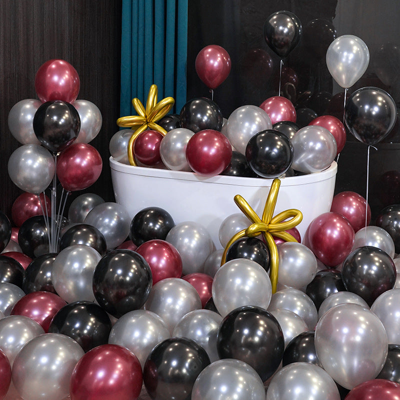 10 Inch Pearlescent Thickened Latex Balloon 100Pcs PL#07 BLACK-SILVER-WINE RED Color︱Birthday Essentials, Wedding, Anniversary Decoration︱Event Styling