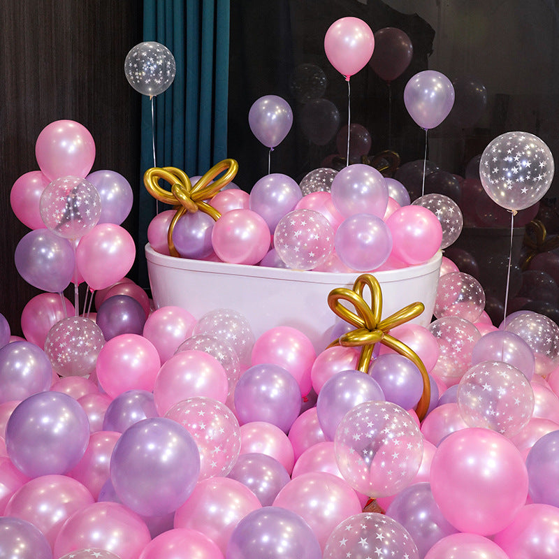 10 Inch Pearlescent Thickened Latex Balloon 100Pcs PL#09 PINK-PURPLE-STAR CONFETTI CLEAR Color︱Birthday Essentials, Wedding, Anniversary Decoration︱Event Styling