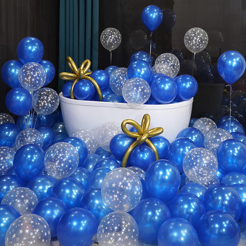 10 Inch Pearlescent Thickened Latex Balloon 100Pcs PL#12 BLUE-STAR CONFETTI CLEAR Color︱Birthday Essentials, Wedding, Anniversary Decoration︱Event Styling
