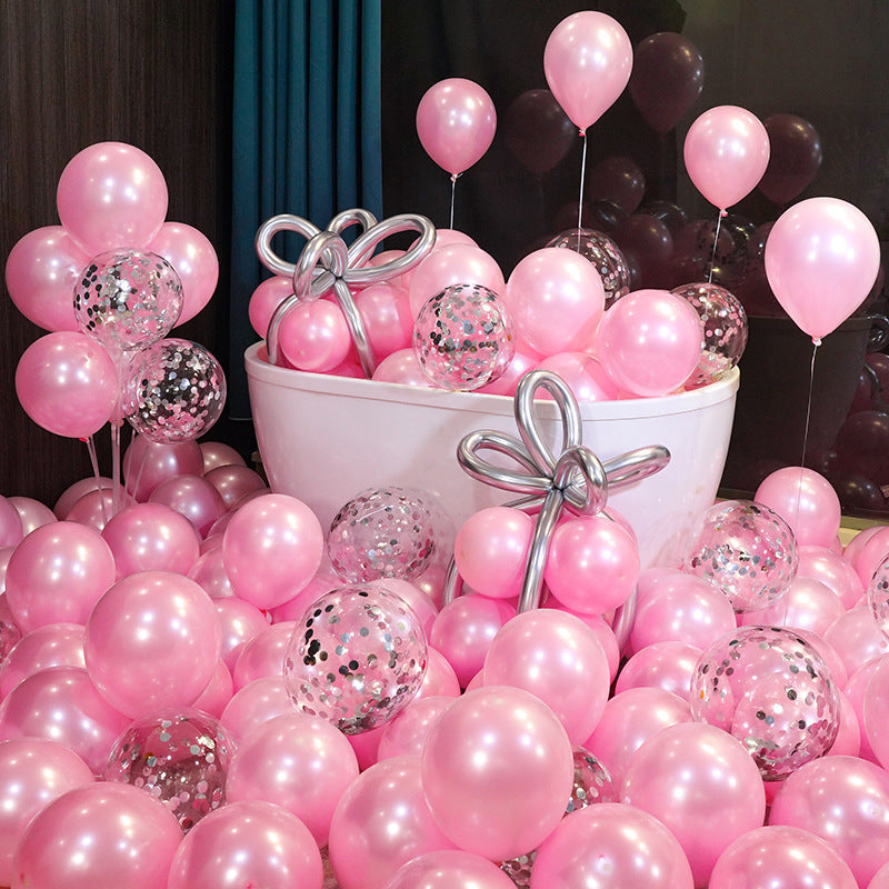 10 Inch Pearlescent Thickened Latex Balloon 100Pcs PL#14 PINK-SILVER CONFETTI CLEAR Color︱Birthday Essentials, Wedding, Anniversary Decoration︱Event Styling