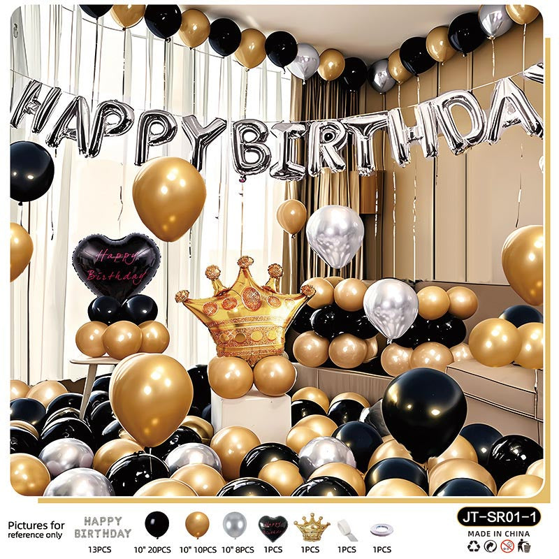 Birthday Balloon Crown Set CR#01 GOLD-SILVER-BLACK Color with Letter Happy Birthday Bunting Banner