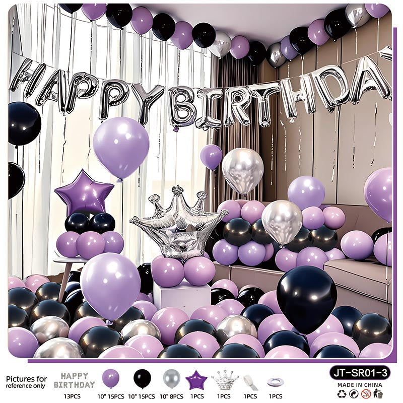 Birthday Balloon Crown Set CR#03 PURPLE-BLACK-SILVER Color with Letter Happy Birthday Bunting Banner