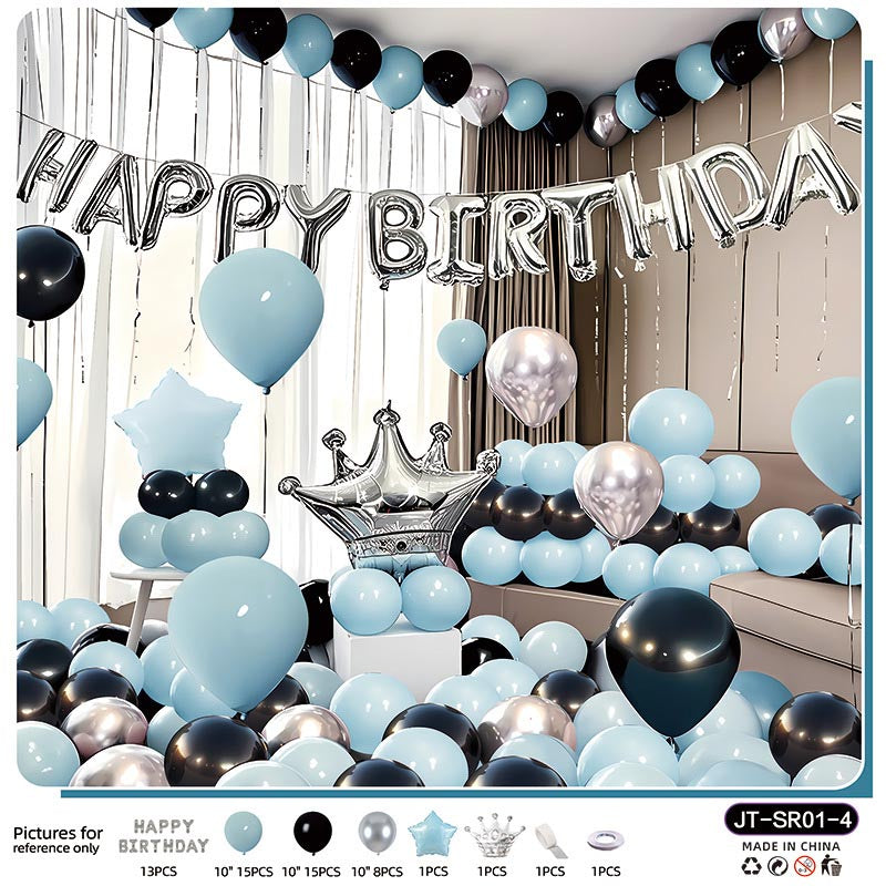 Birthday Balloon Crown Set CR#04 LIGHT BLUE-BLACK-SILVER Color with Letter Happy Birthday Bunting Banner