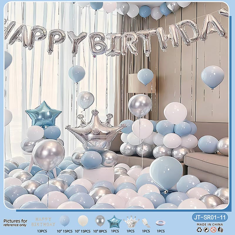 Birthday Balloon Crown Set CR#11 PASTEL BLUE-WHITE-SILVER Color with Letter Happy Birthday Bunting Banner