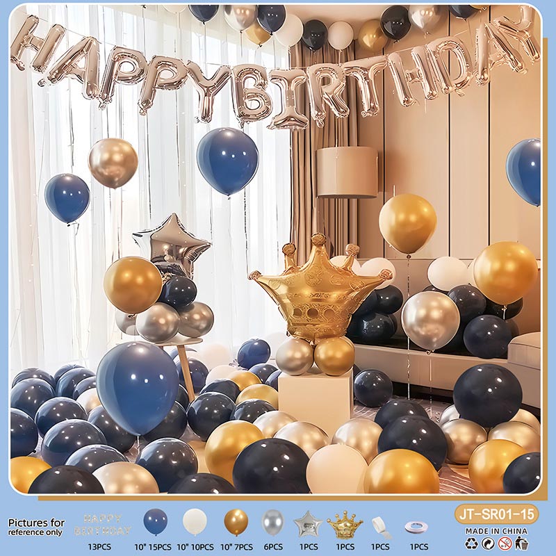 Birthday Balloon Crown Set CR#15 ROYAL BLUE-WHITE-GOLD-SILVER Color with Letter Happy Birthday Bunting Banner