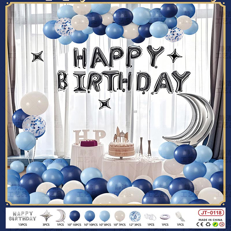 Birthday Balloon Moon Set MN#08 ROYAL BLUE-WHITE-LIGHT BLUE Color with Letter Happy Birthday Bunting Banner