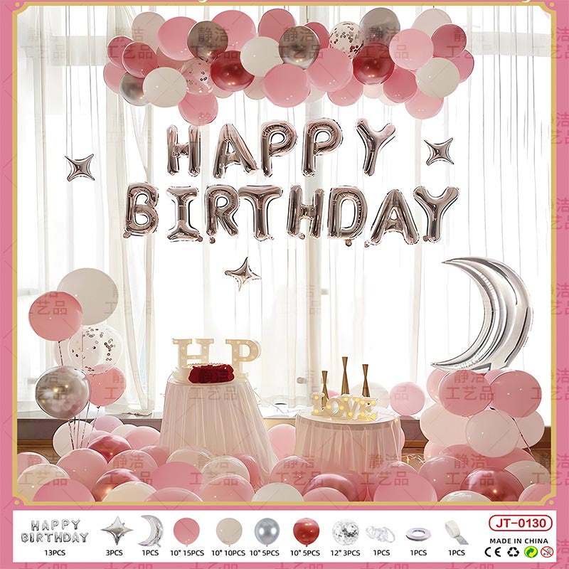 Birthday Balloon Moon Set MN#15 PINK-RED-WHITE-SILVER Color with Letter Happy Birthday Bunting Banner