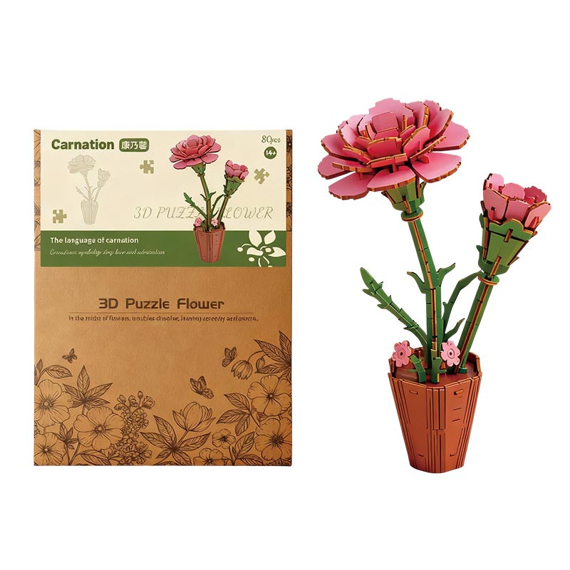 Carnation 3D Flower Wooden Puzzles DIY Laser-Precise Wooden Flowers Model Kit