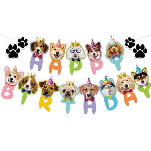 Dog Lovers Theme Happy Birthday Decor︱Letter Happy Birthday Bunting Banner, Cake Toppers