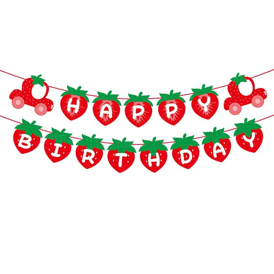 Strawberry Theme Happy Birthday Decor︱Bunting Banner, Strawberry Hanging Swirl, Cake Toppers