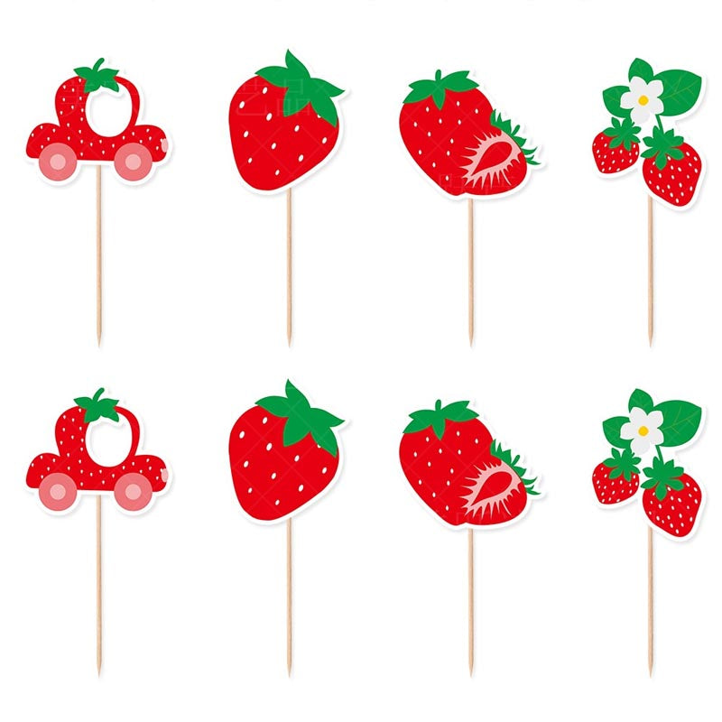 Strawberry Theme Happy Birthday Decor︱Bunting Banner, Strawberry Hanging Swirl, Cake Toppers
