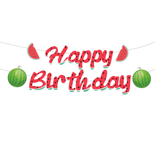 Summer Watermelon Theme Happy Birthday Decor︱Letter Happy Birthday Bunting Banner, Hanging Swirl, Cake Toppers, Circle Dots Garland