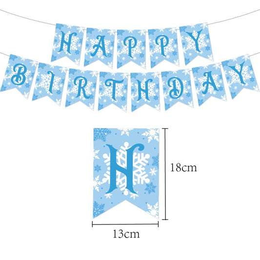 Blue and White Snowflake Theme Happy Birthday Decor︱Bunting Banner, Hanging Swirl, Cake Toppers