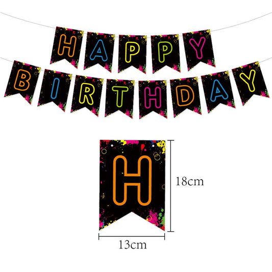 Colorful Fluorescent Theme Happy Birthday Decor︱Bunting Banner, Hanging Swirl, Cake Toppers