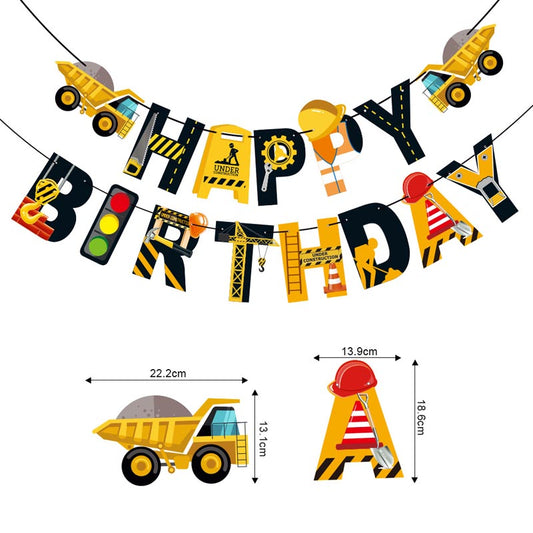 Kid's Construction Vehicle Happy Birthday Decor︱Letter Happy Birthday Bunting Banner, Hanging Swirl, Cake Toppers
