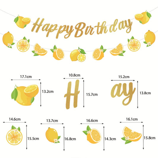 Yellow Lemon Theme Happy Birthday Decor︱Letter Happy Birthday Bunting Banner, Hanging Swirl, Cake Toppers, Lemon Garland
