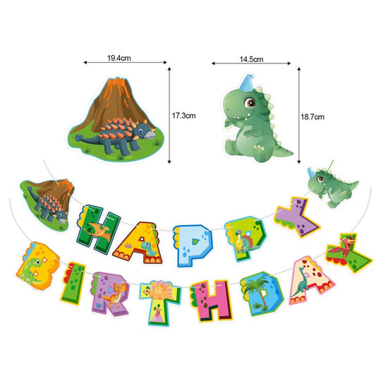 Kid's Birthday Dinosaur Dino Happy Birthday Decor︱Bunting Banner, Hanging Swirl, Cake Toppers