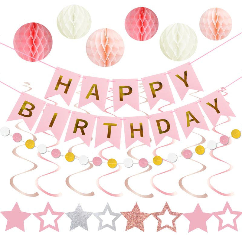 Happy Birthday Bunting Set #8 PINK-WHITE Color Banner with Honeycomb Ball, Stars Hanging Swirl, Circle Dots Garland
