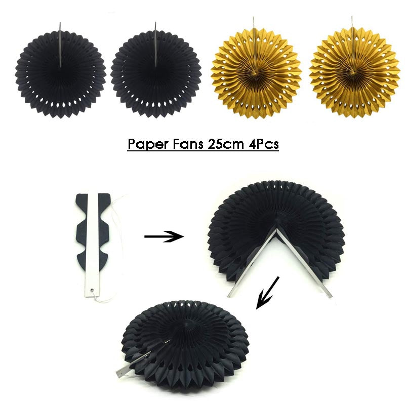 Paper Fans Decoration Set 20Pcs BLACK+GOLD