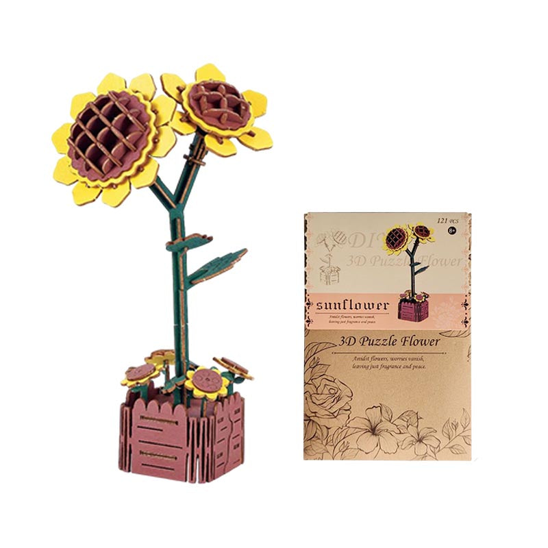 Sunflower 3D Flower Wooden Puzzles DIY Laser-Precise Wooden Flowers Model Kit