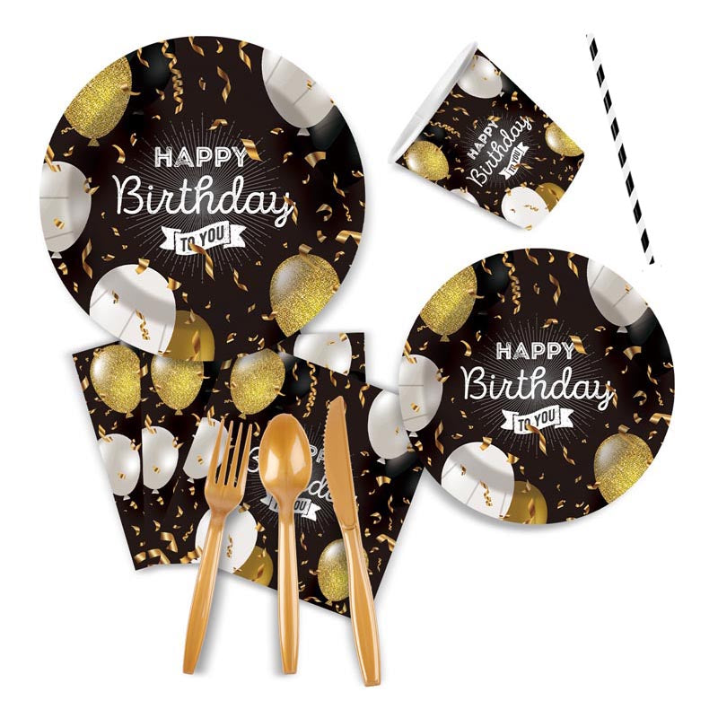 Black and Gold Happy Birthday Set for 10 Guests