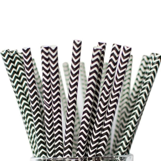 Black and white wave patterned biodegradable paper straw for drinks