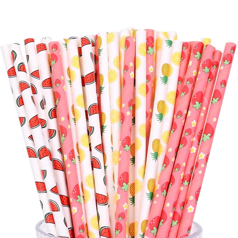 Fruit pattern biodegradable paper straw for drinks. Patterns includes watermelon, strawberry, lemon, pineapple.
