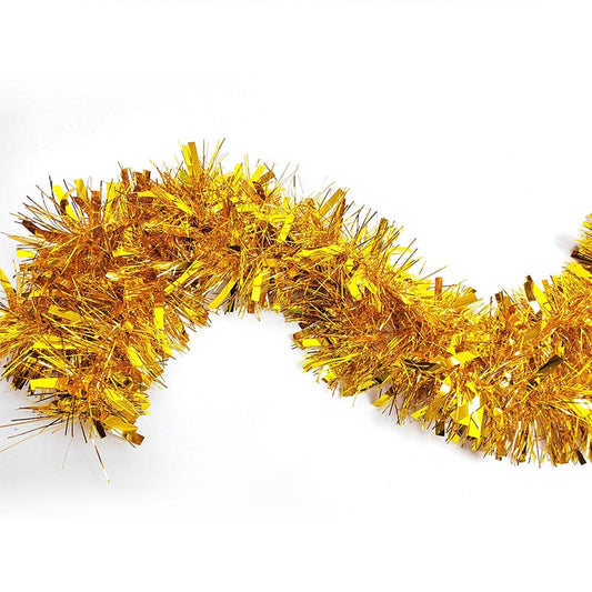Colorful green, purple, hot pink, silver, blue, red, yellow metallic tinsel garland hanging for decorations, Christmas, birthday, wedding, anniversary, engagement
