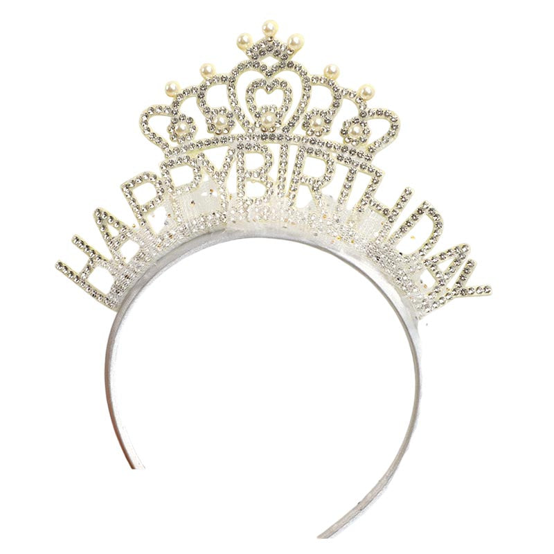 Elegant shiny happy birthday crown party hat headband with pearl for birthday girls, woman.