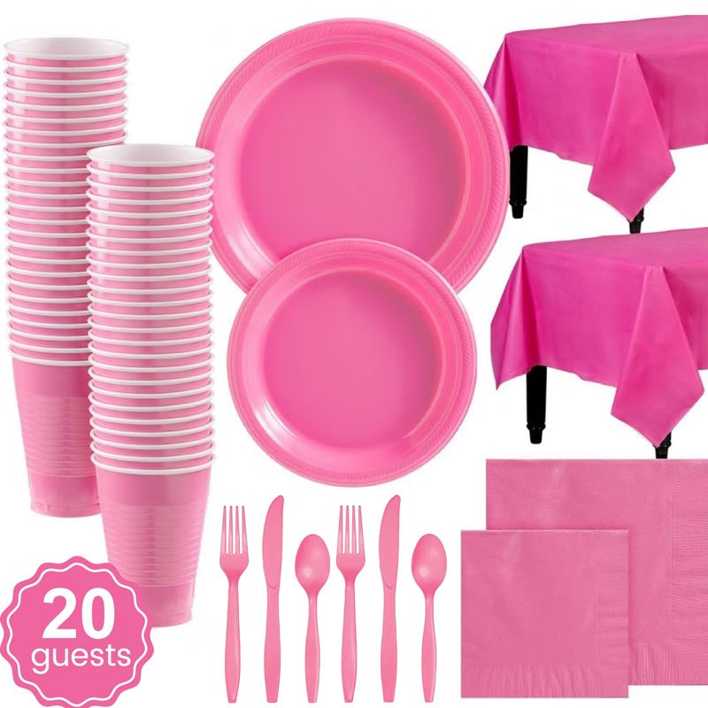 Hot pink plastic party dinnerware set. 7 inch and 9 inch hot pink colored party plastic plates and dessert plates, 16oz cups, cutlery, hot pink tablecloth, napkins for parties, colour theme parties.