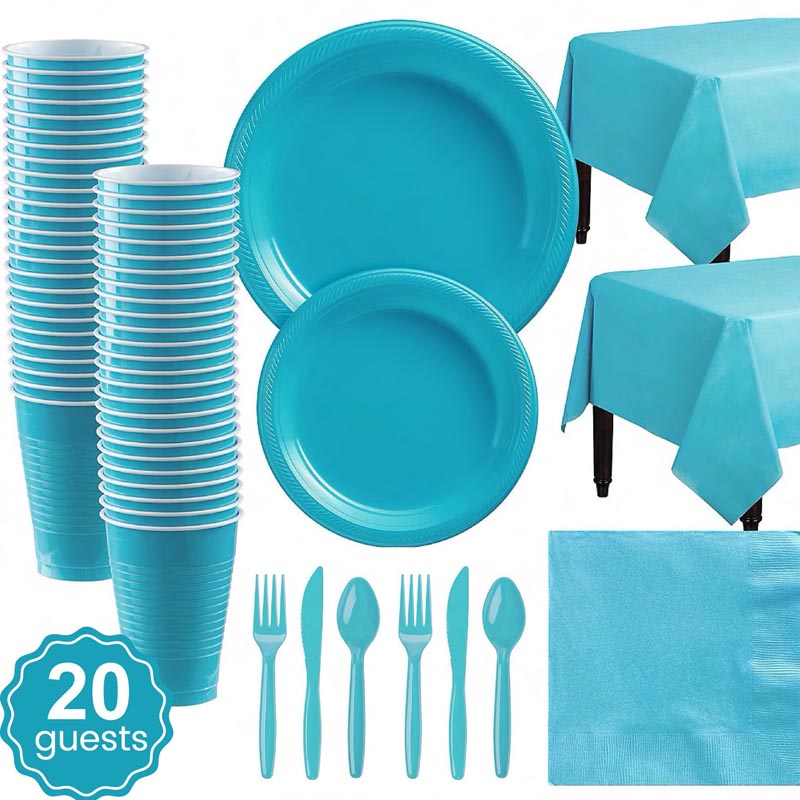 Lake blue plastic party dinnerware set. 7 inch and 9 inch lake blue colored party plastic plates and dessert plates, 16oz cups, cutlery, lake blue tablecloth, napkins for parties, colour theme parties.