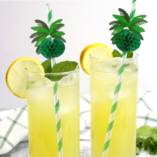 Plam tree honeycomb ball decorative striped green paper straw for party drinks