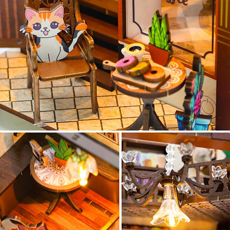 Coffee Café Cat Café | DIY Book Nook Miniature House Kit 3D Wooden Model DIY Gift Puzzle