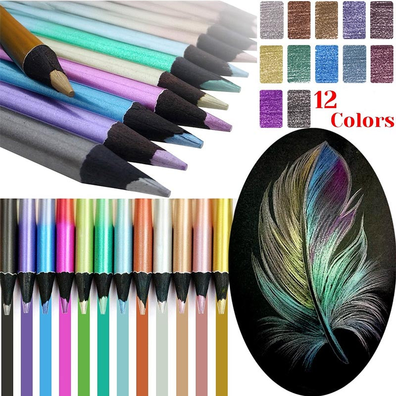 Premium Black Wood Pencils Metallic Colors 12 Colors