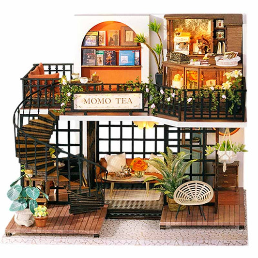 Two-story Modern Musical Cozy Tea Cafe DIY Miniature House Kit 3D Wooden Puzzle
