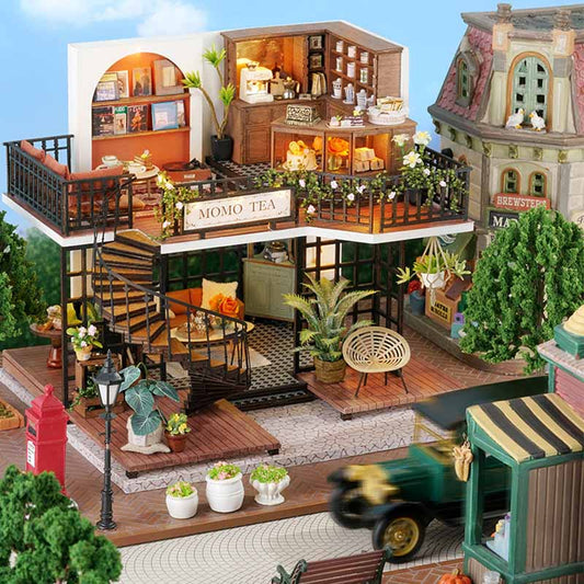 Two-story Modern Musical Cozy Tea Cafe DIY Miniature House Kit 3D Wooden Puzzle