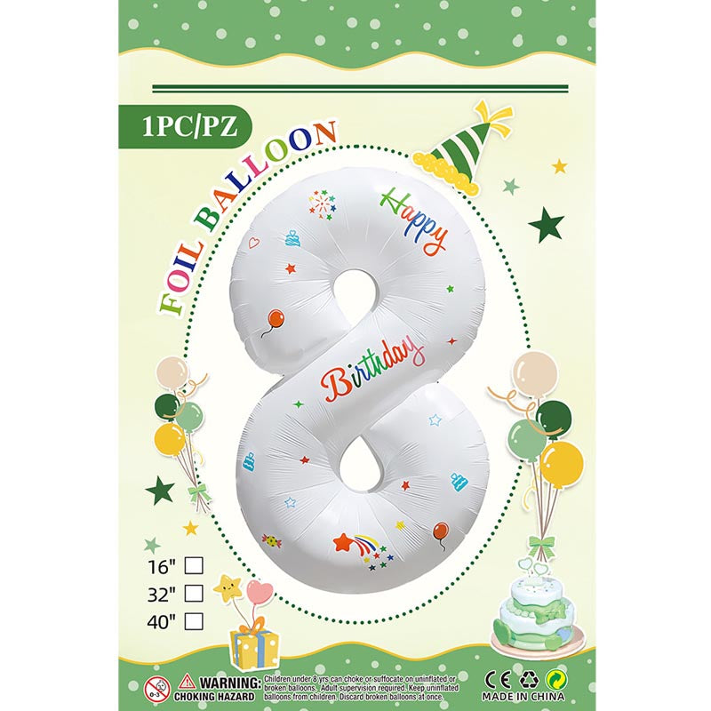 32 inch aluminum foil white happy birthday number balloon 0-9 for birthday, decoration, anniversary,  or white theme party or any other parties. Party supplies for kids, boys, girls, man and woman.