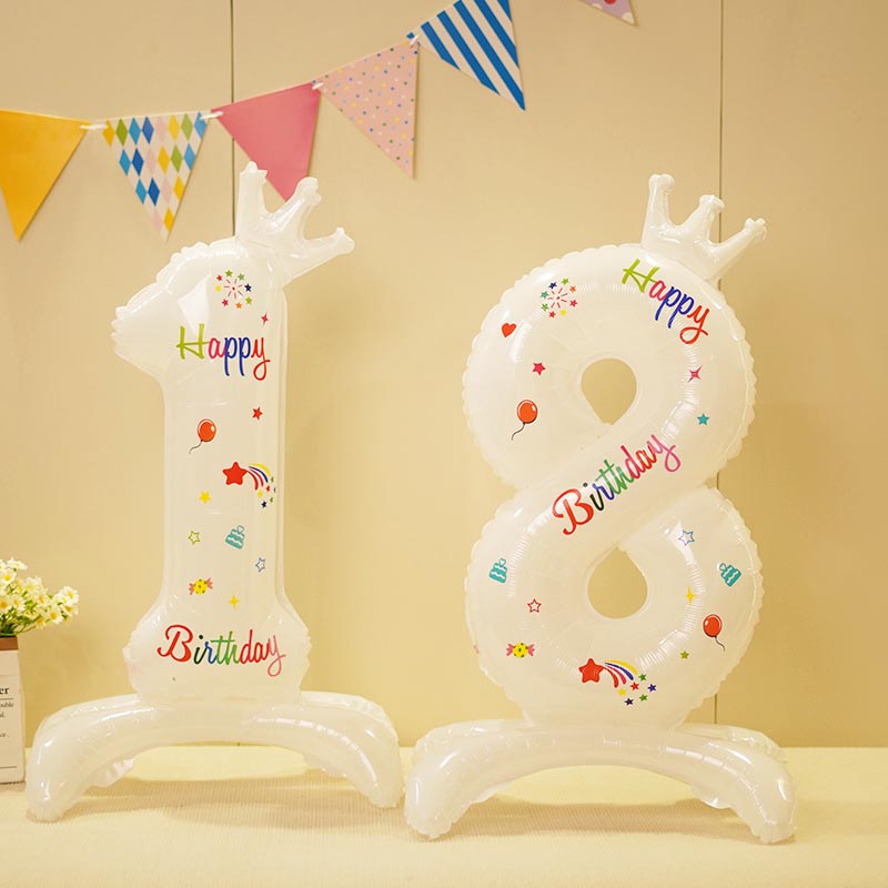 32 inch white happy birthday number balloon 0-9 with base standing balloon for birthday, decoration, anniversary,  or white color theme party or any other parties. Party supplies for kids, boys, girls, man and woman.