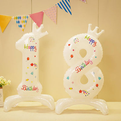 32 inch white happy birthday number balloon 0-9 with base standing balloon for birthday, decoration, anniversary,  or white color theme party or any other parties. Party supplies for kids, boys, girls, man and woman.