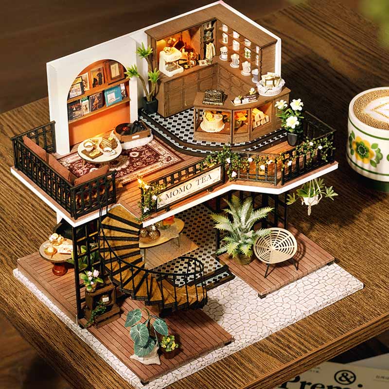 Two-story Modern Musical Cozy Tea Cafe DIY Miniature House Kit 3D Wooden Puzzle