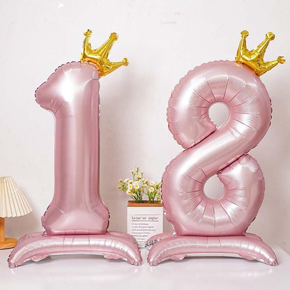42 inch aluminum foil pink number balloon 0-9 with base standing balloon for birthday, decoration, anniversary,  new year, graduation or pink theme party or any other parties. Party supplies for kids, boys, girls, man and woman. First birthday, 18th Birthday, 21st Birthday, 30th Birthday, 40th Birthday, 50th Birthday, 60th Birthday.
