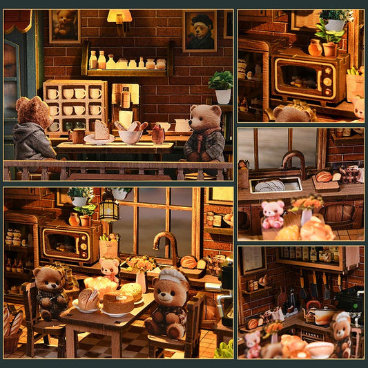 Bear Bakery Cafe Restaurant | DIY Miniature House Kit 3D Wooden Model DIY Gift Puzzle